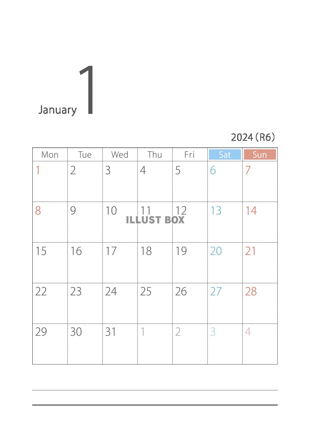 月曜はじまりシンプルカレンダー2024年1月A4縦
