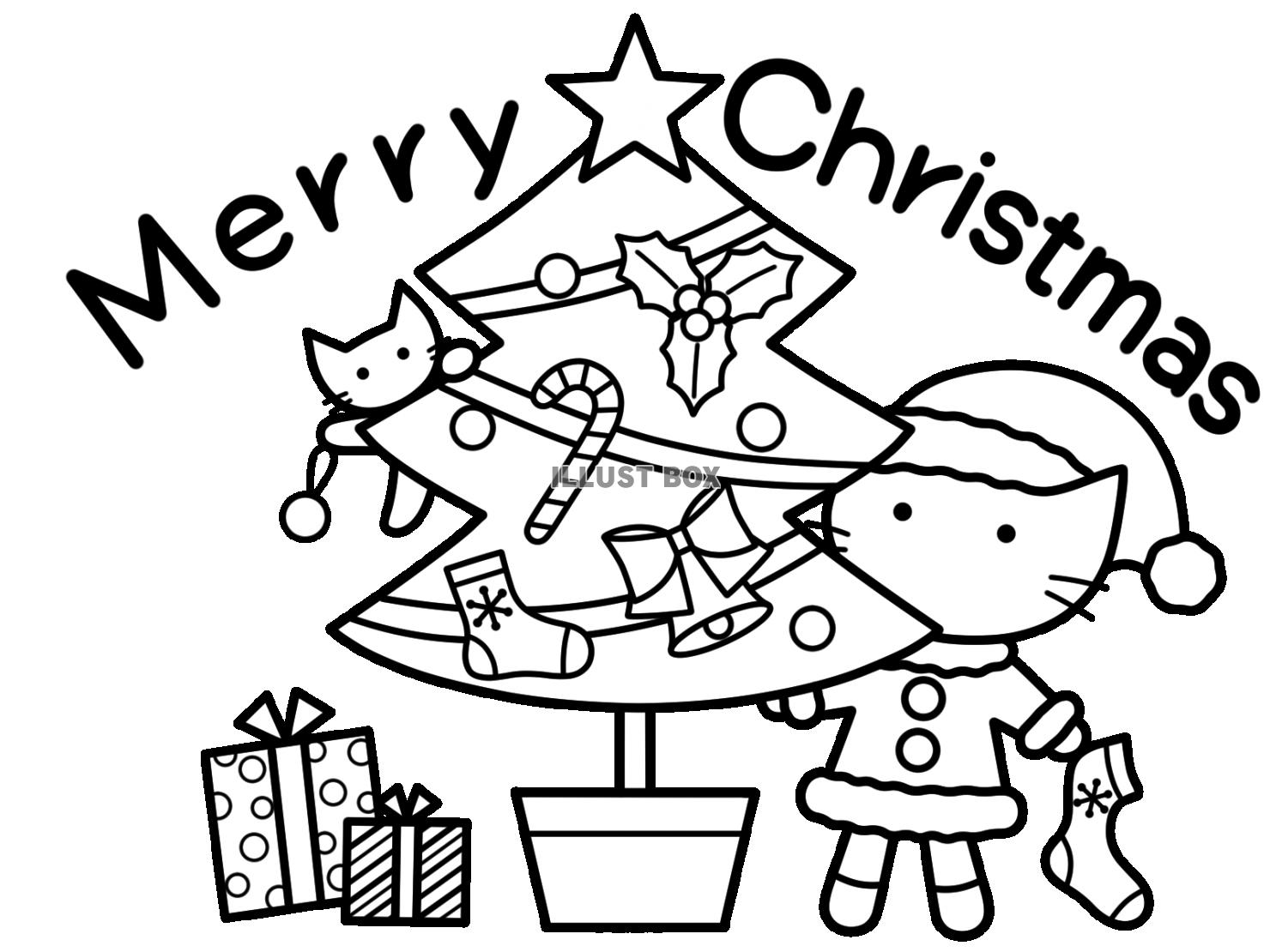 クリスマスツリーと猫サンタと子猫　線画３