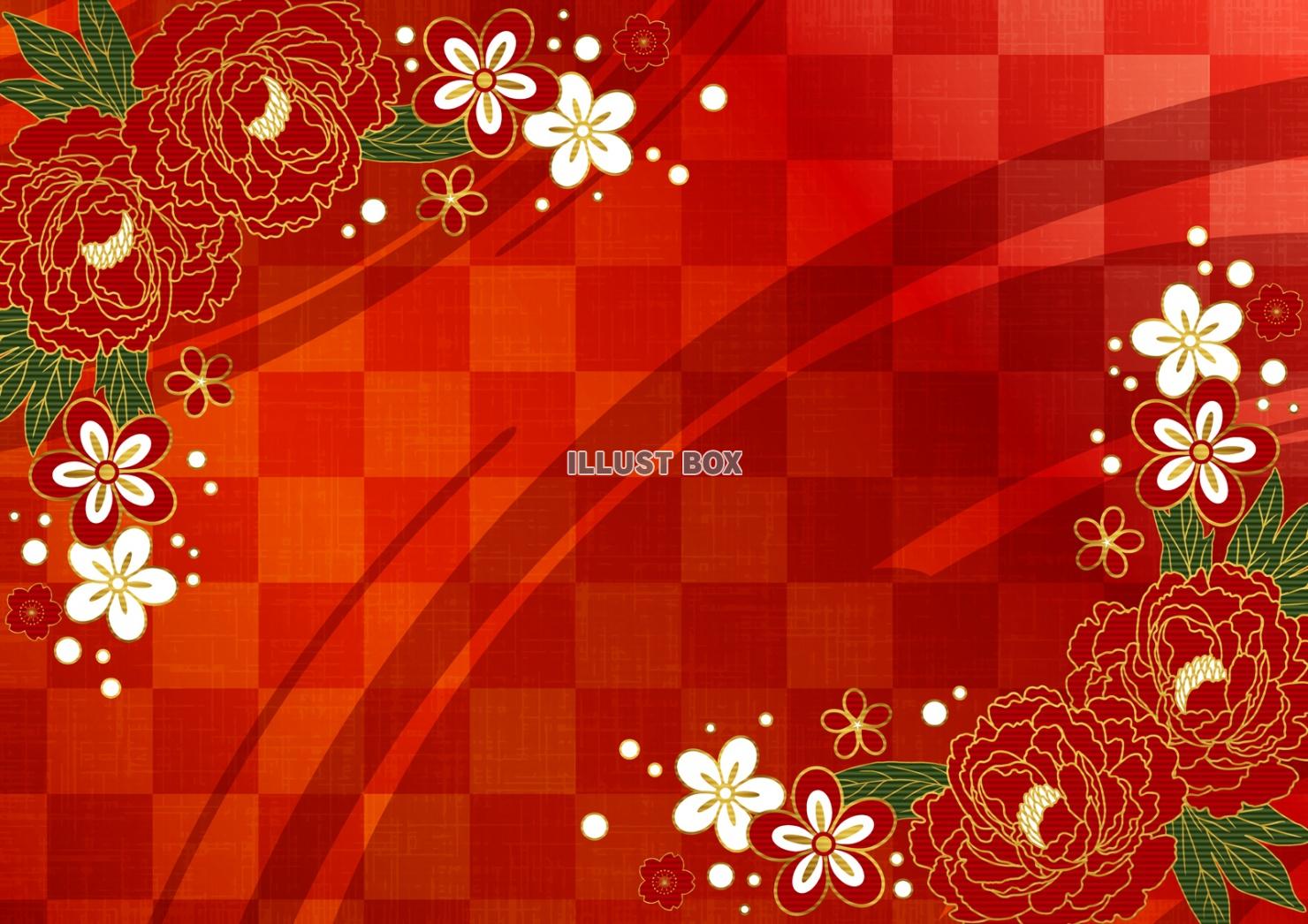 紅の市松模様に一筆と牡丹の和背景