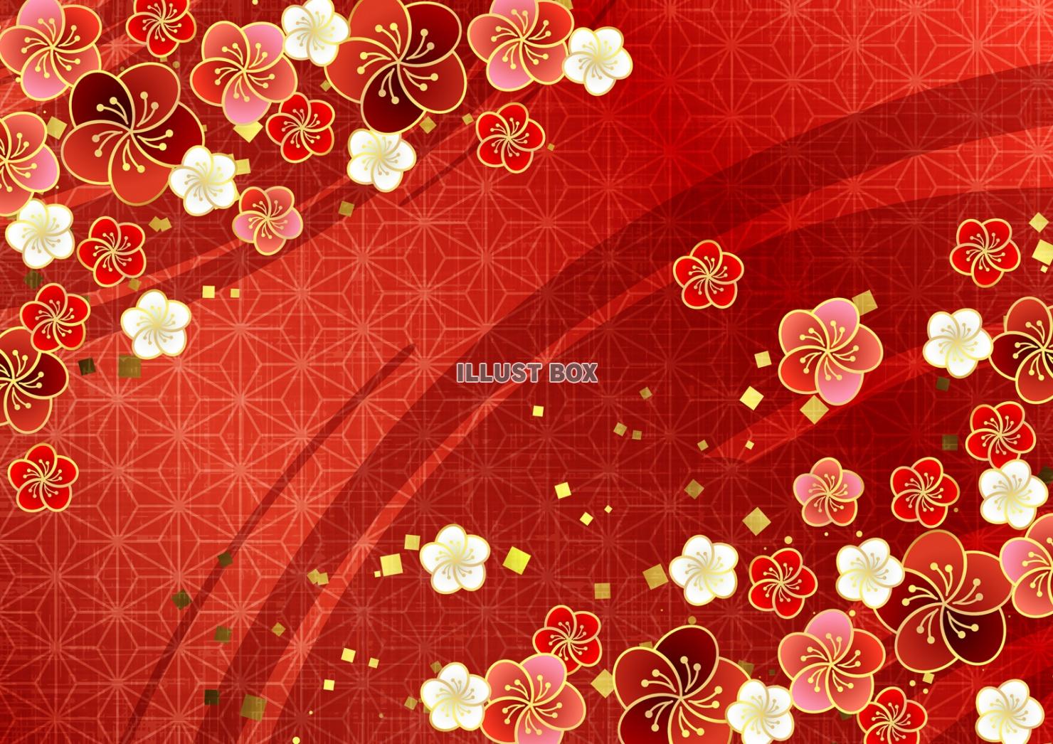 紅の麻の葉模様に一筆と牡丹の和背景