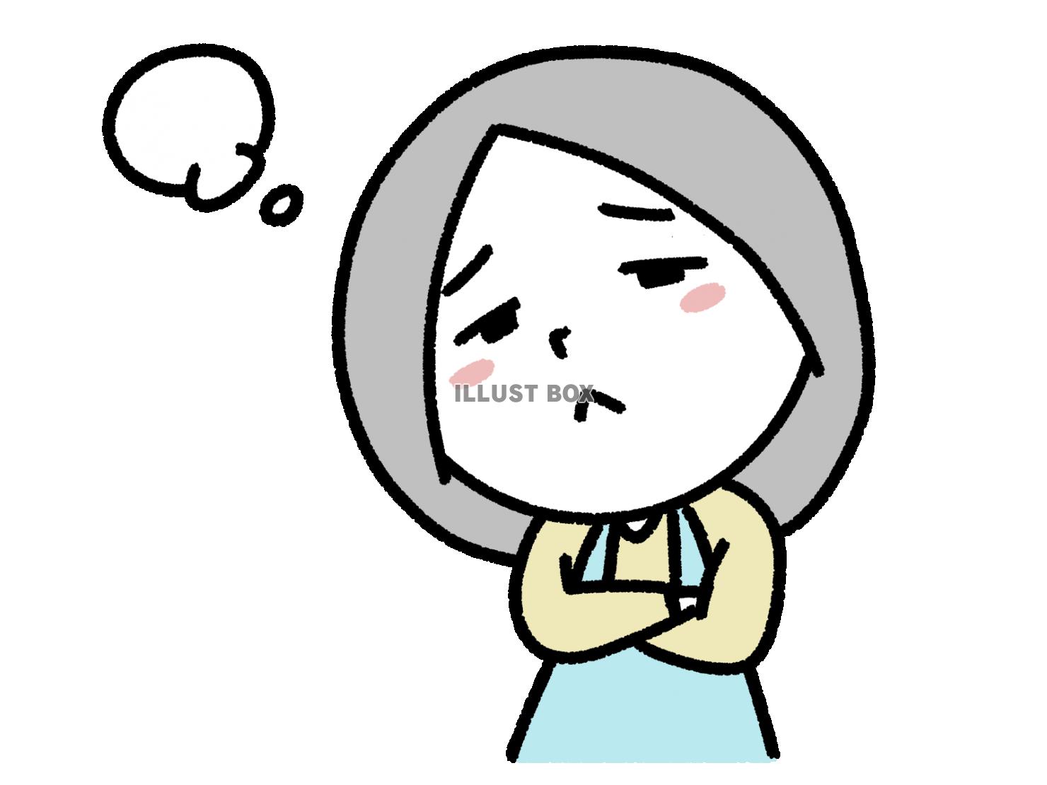 腕を組んで悩むエプロンの女性