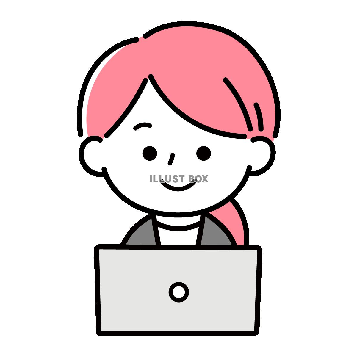 パソコンをする女性　ピンク