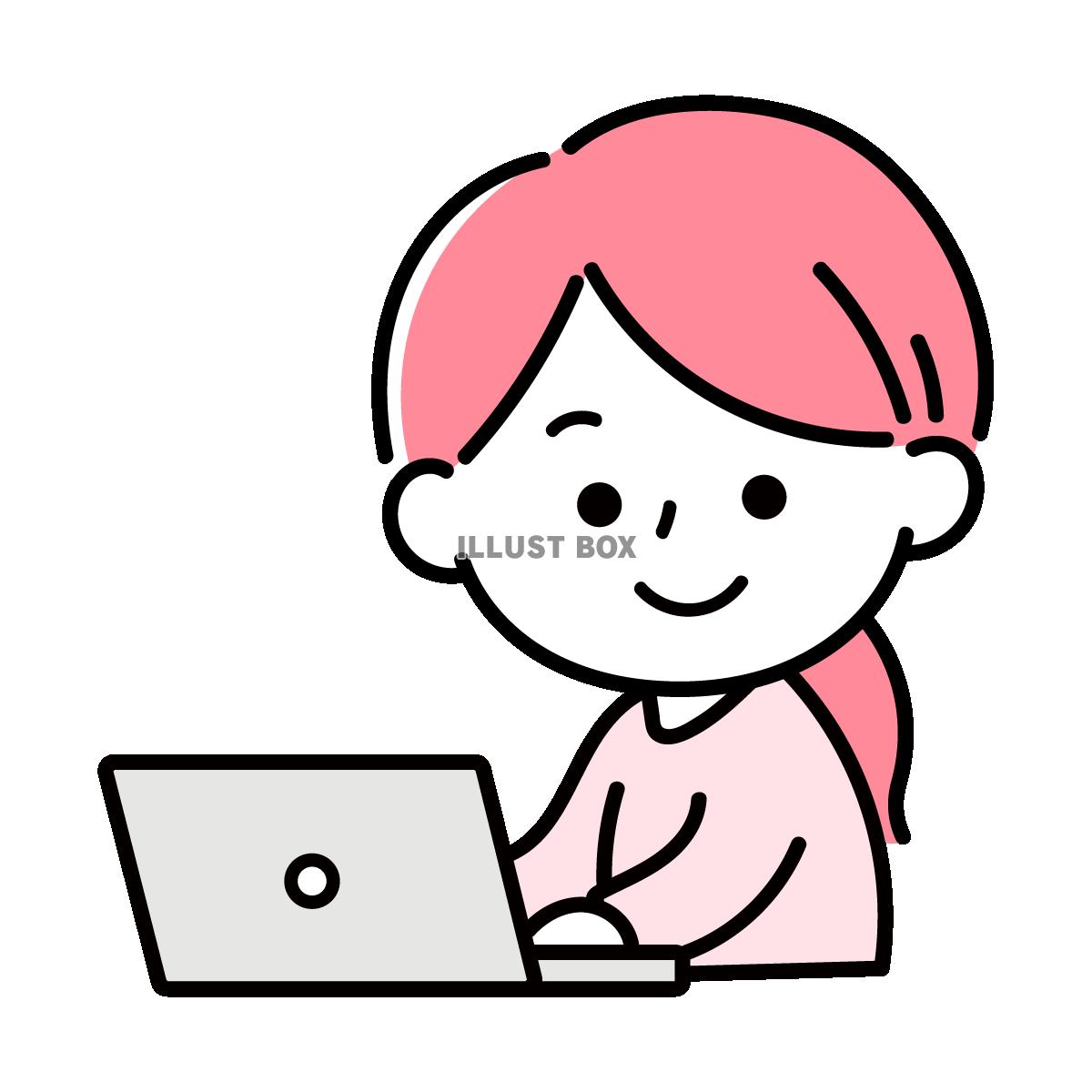 パソコンを使う女性　ピンク