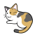 寝そべってふり向く猫　三毛猫