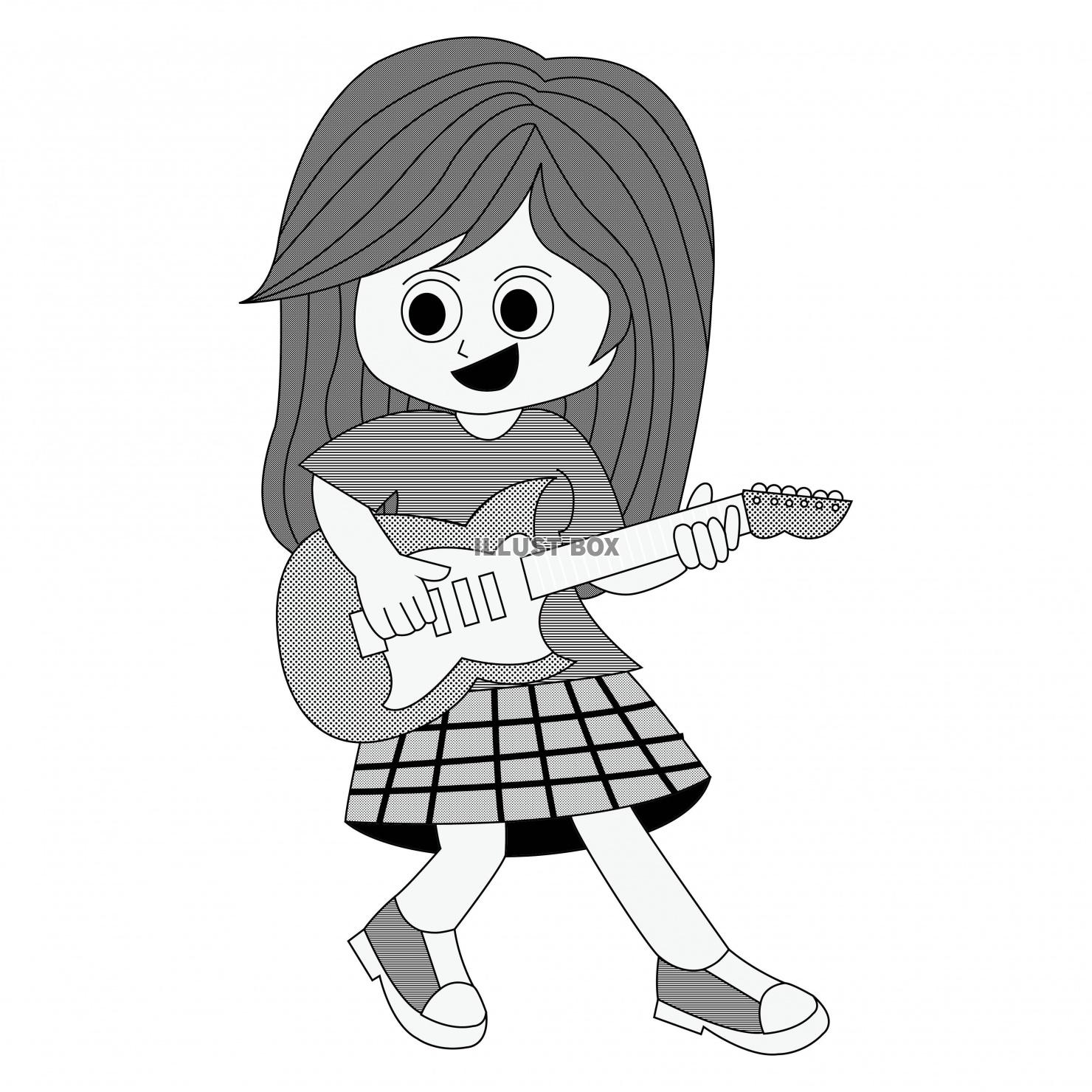 エレキギターを弾く女の子のイラスト（白黒）