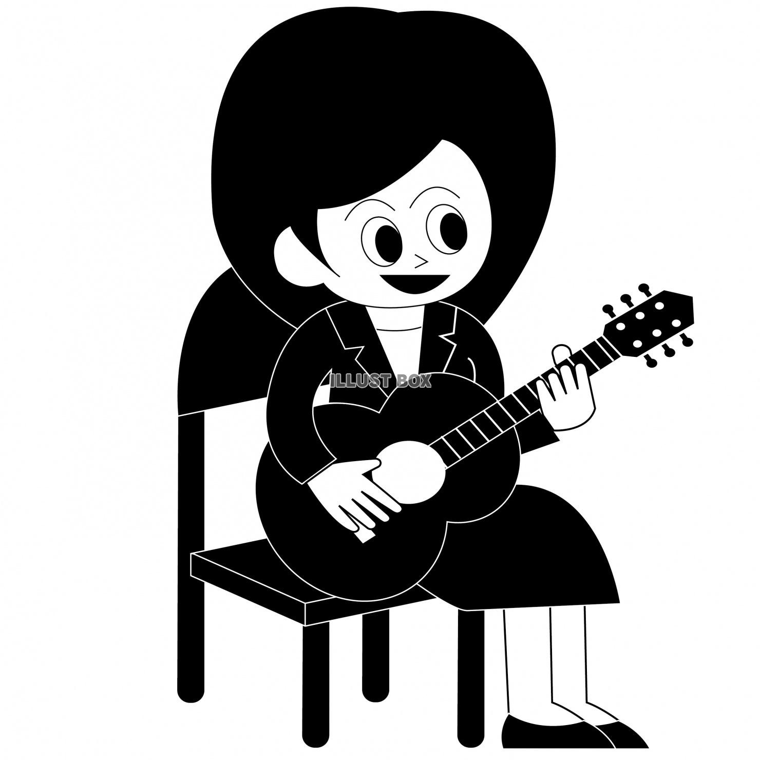 アコースティックギターを弾く女性のイラスト（白黒）