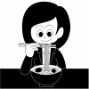 ラーメンを食べる女性のイラスト（白黒）
