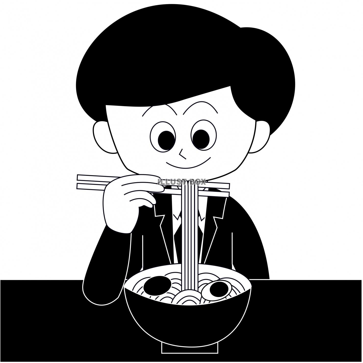 ラーメンを食べる男性のイラスト（白黒）