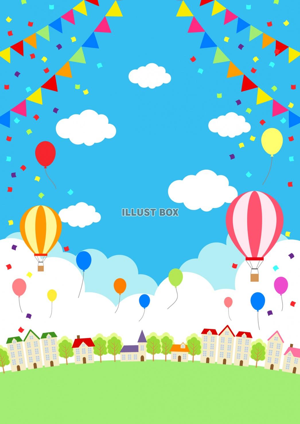 気球と風船と青空の町並み背景タテ