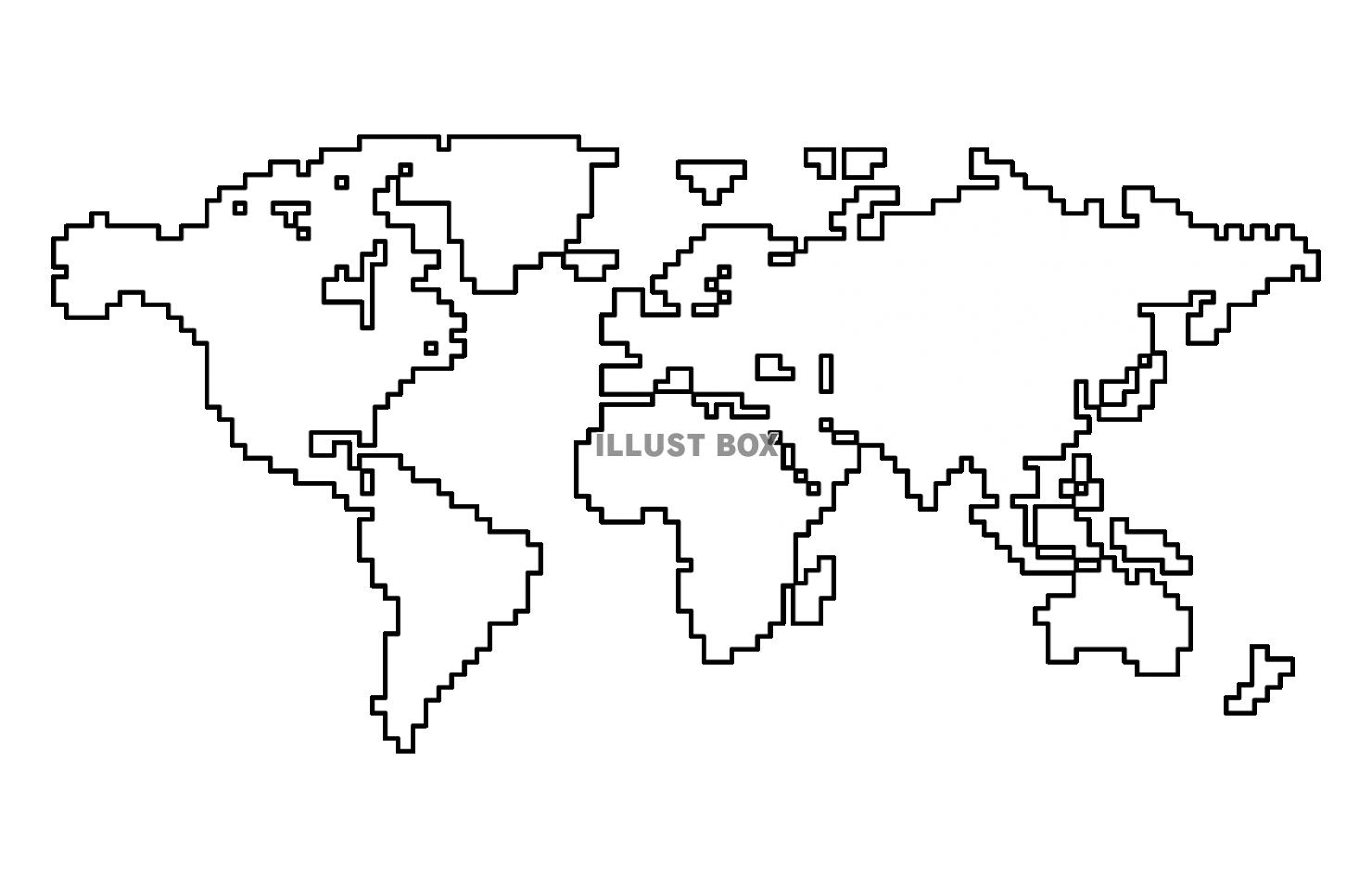ドット絵風の世界地図の白黒イラスト