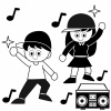 ダンスを踊る男の子と女の子のフリーイラスト（白黒）