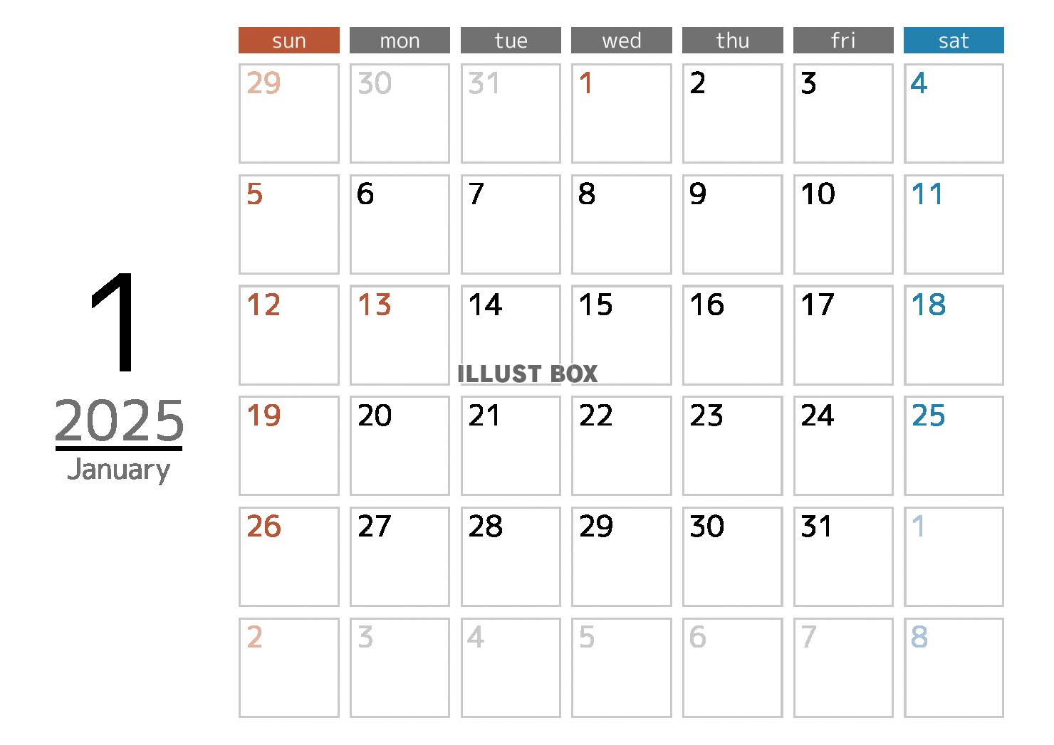 2025年シンプルなメモスペース付カレンダー　1月
