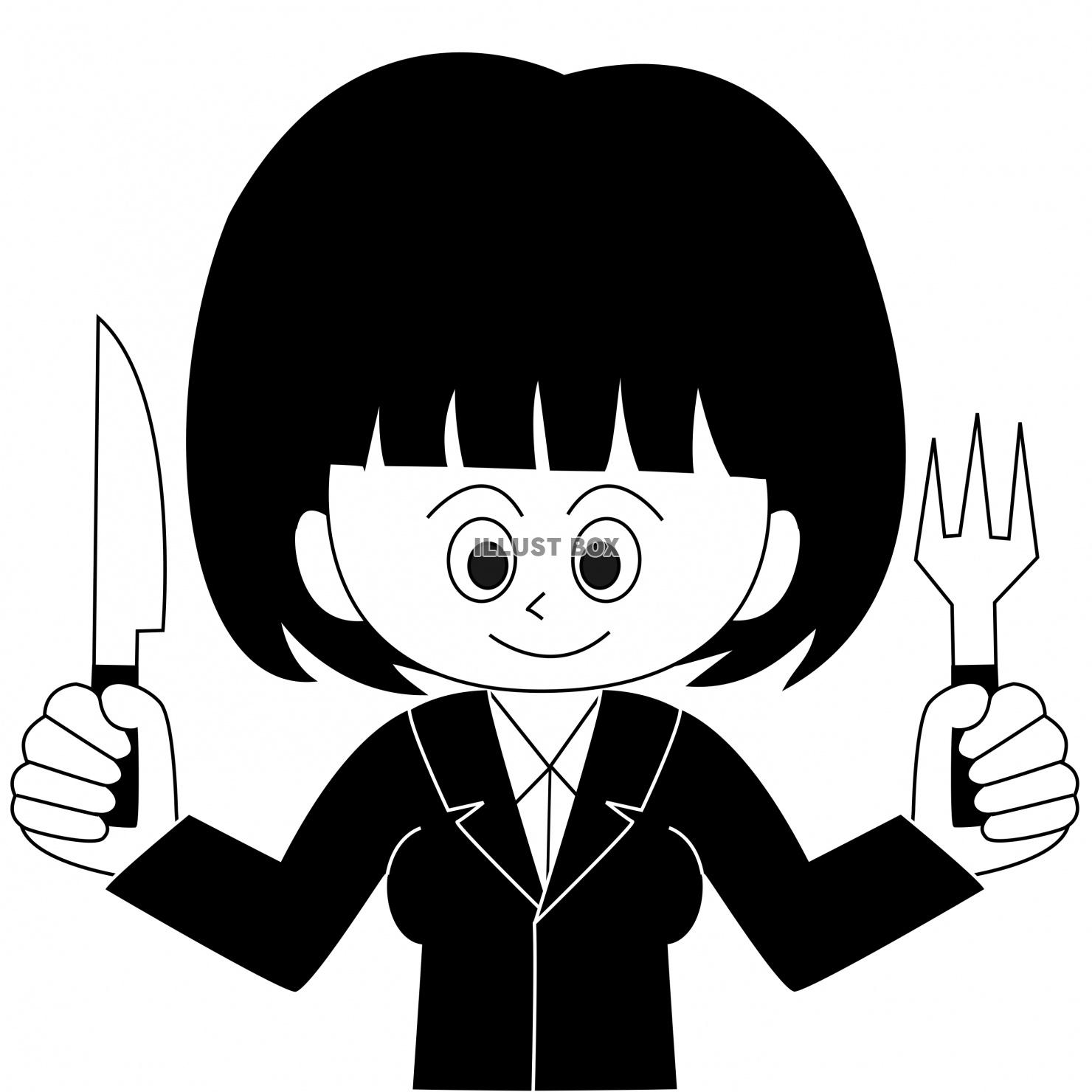 ナイフとフォークを持った女性のイラスト（白黒）