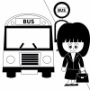 バス停でバスを待つ女性のイラスト（白黒）