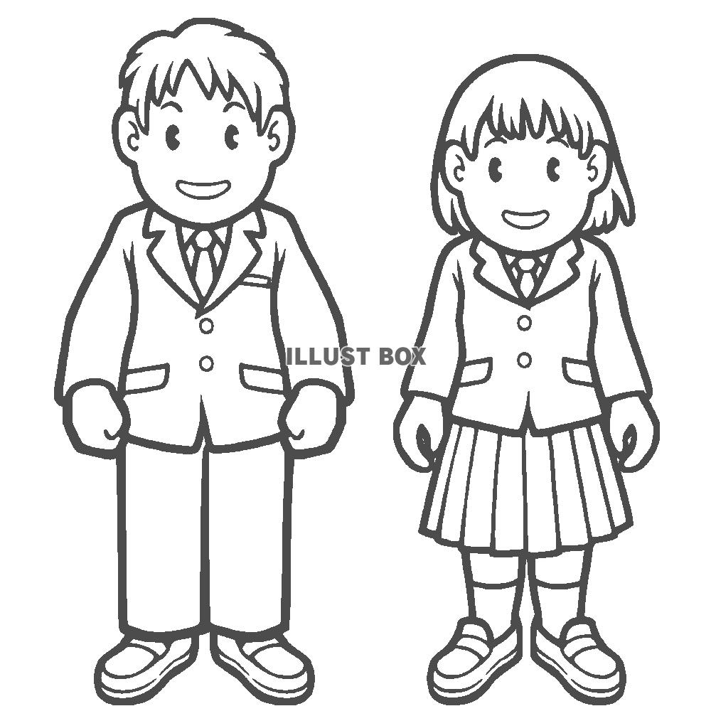 学生服を着た男の子と女の子の線画　ブレザー　正面向き