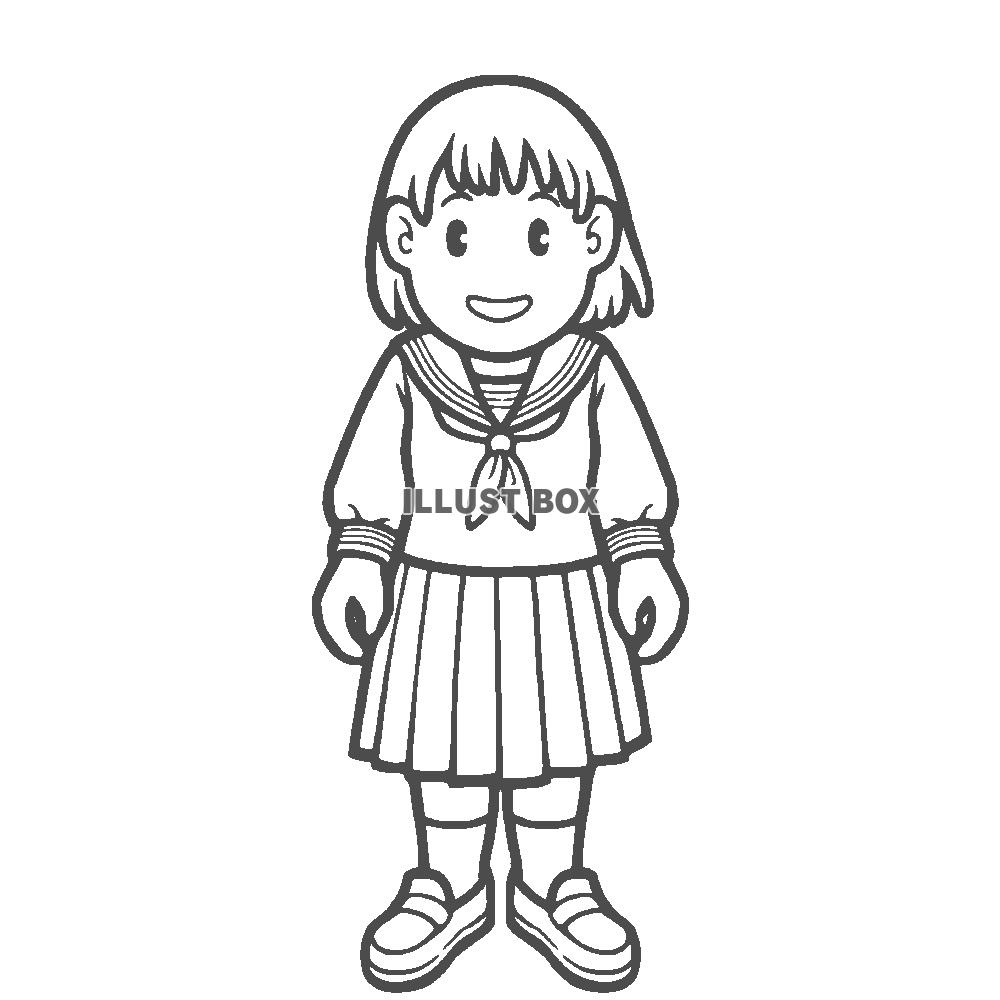 学生服を着た女の子の線画　セーラー服　正面向き