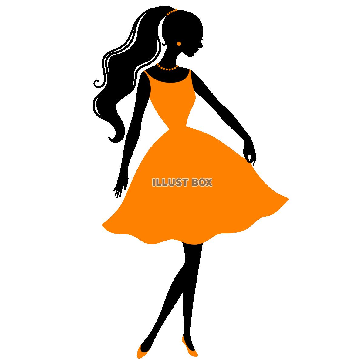 【女性ドレス　シルエット】１　オレンジ色　透過png