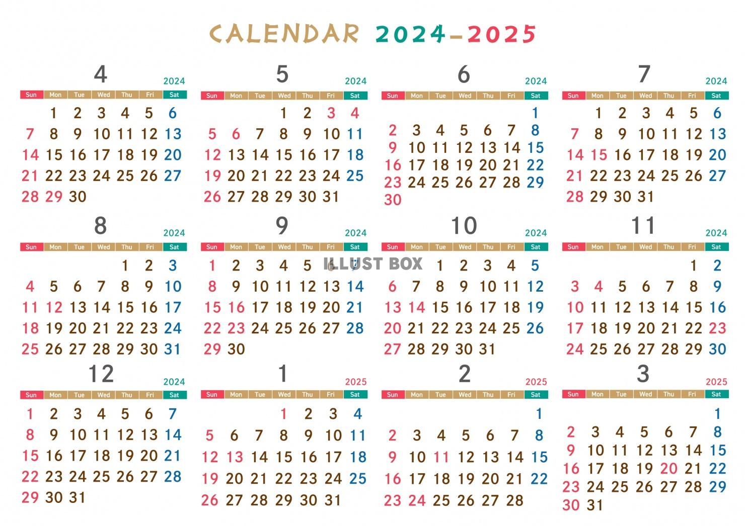 4月はじまりカレンダー01　2024-2025　ポップな色合...