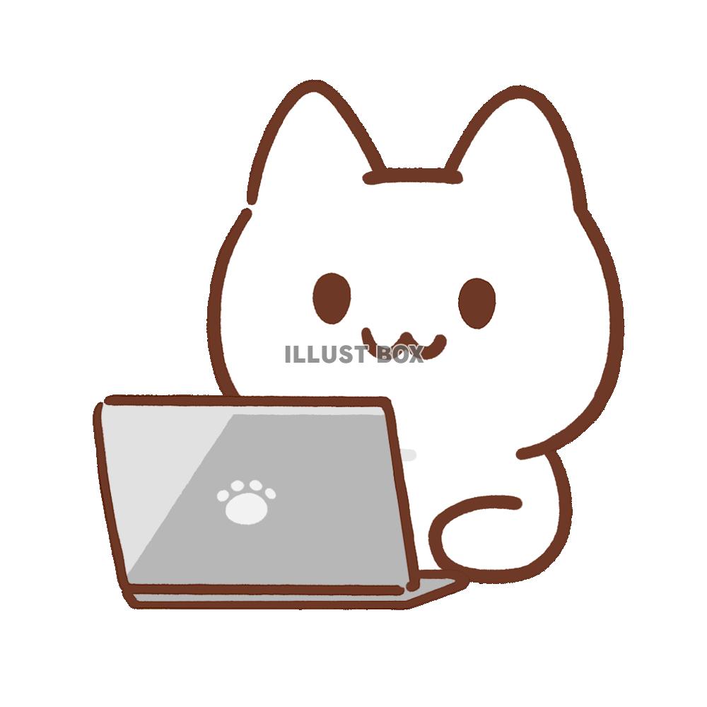 パソコンに向かう白猫のイラスト