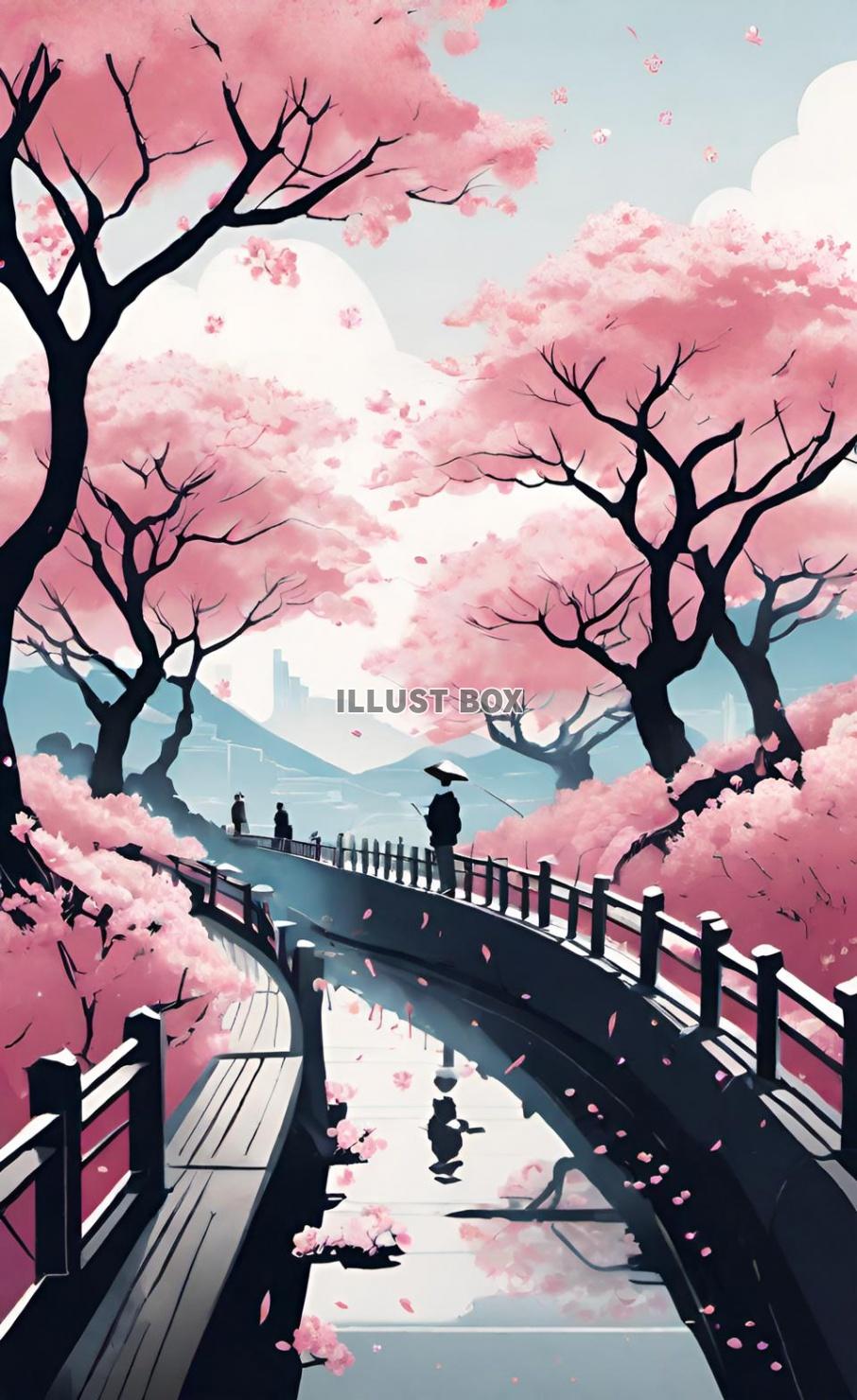 桜と並木道の風景イラスト