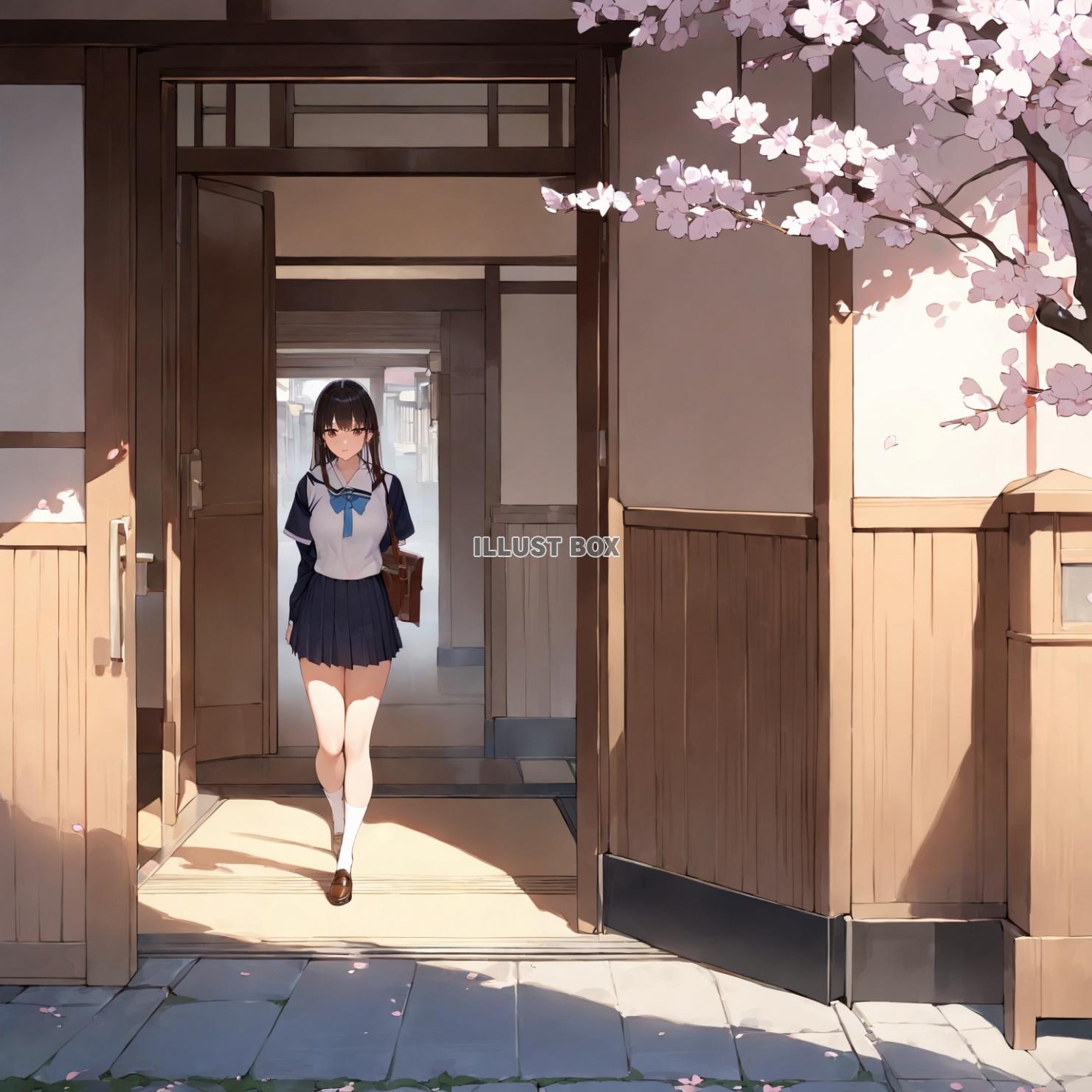 桜と女子高生　イラスト