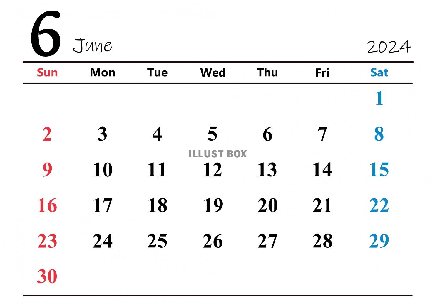 2024年（令和6年）6月　横型カレンダー