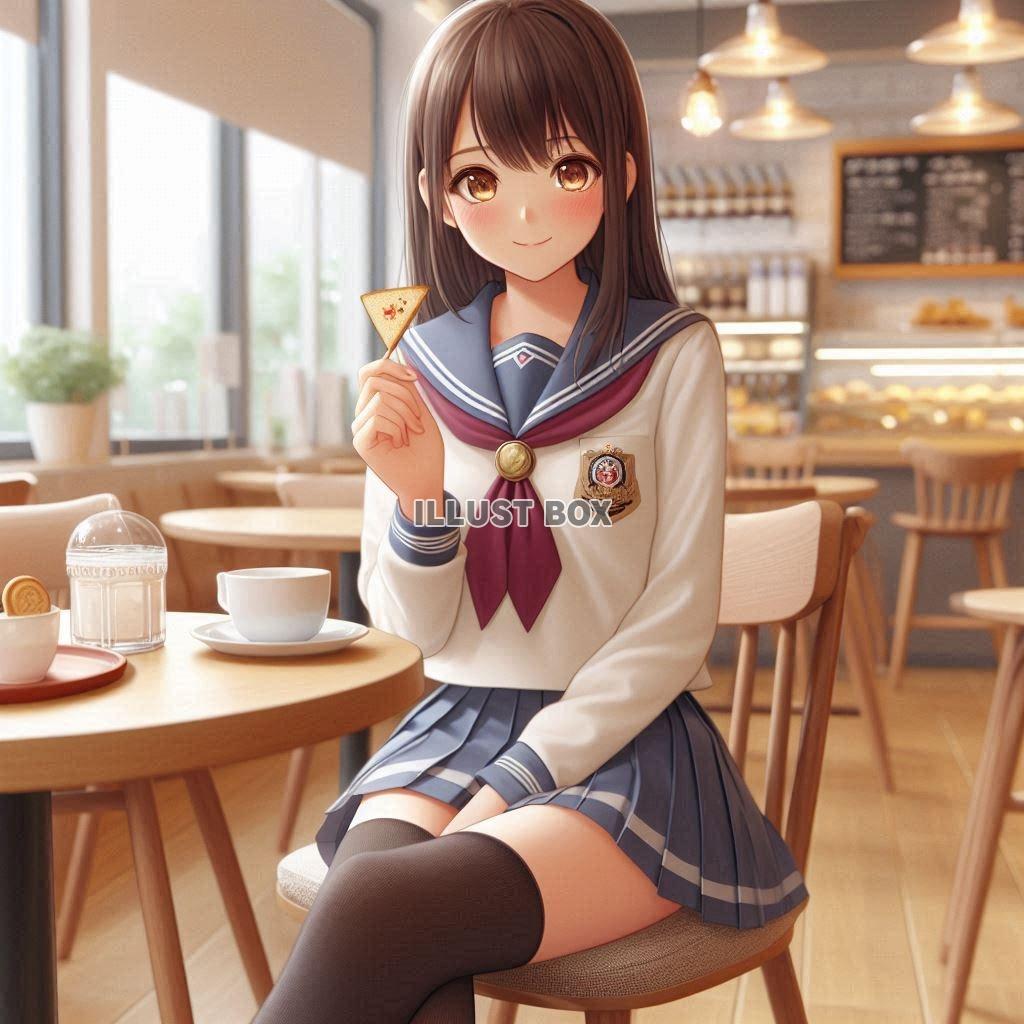 カフェで椅子に座る女子高生