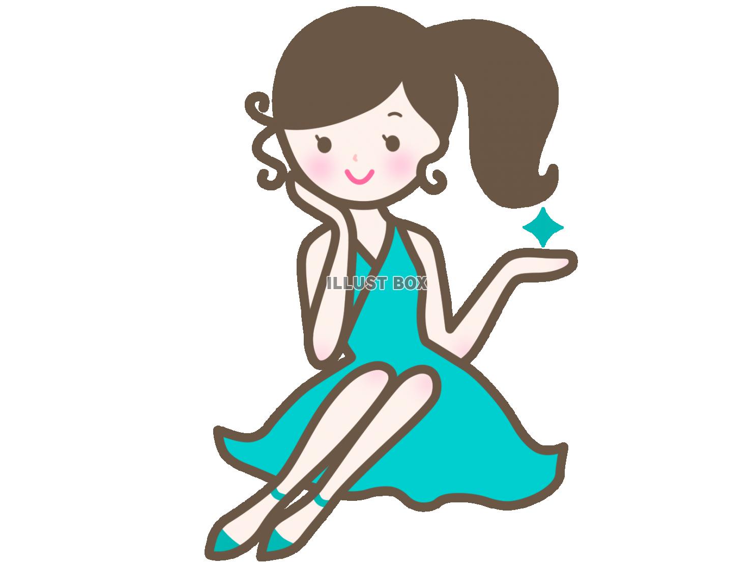 【座っているドレスの女性】１　緑色　透過png