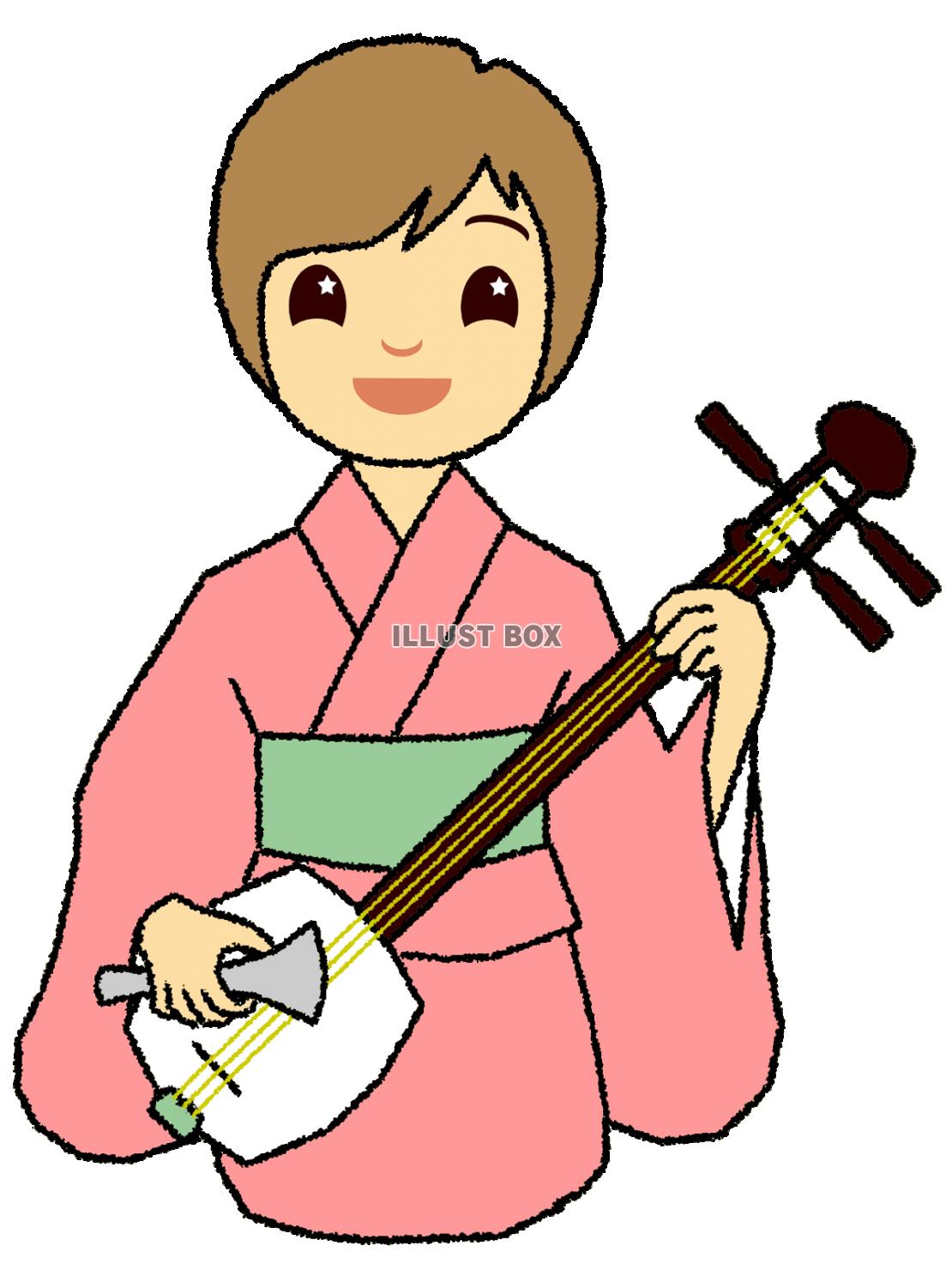 三味線を弾く着物姿の女性シンプル背景イラストpng透過