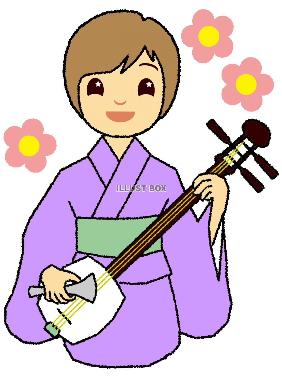 三味線を弾く着物姿の女性シンプル背景イラストpng透過　