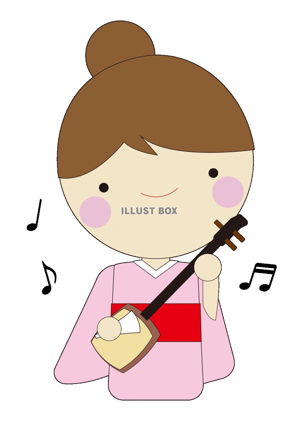 2_人物_女性・着物・音楽・楽器・三味線・音符・ピンク