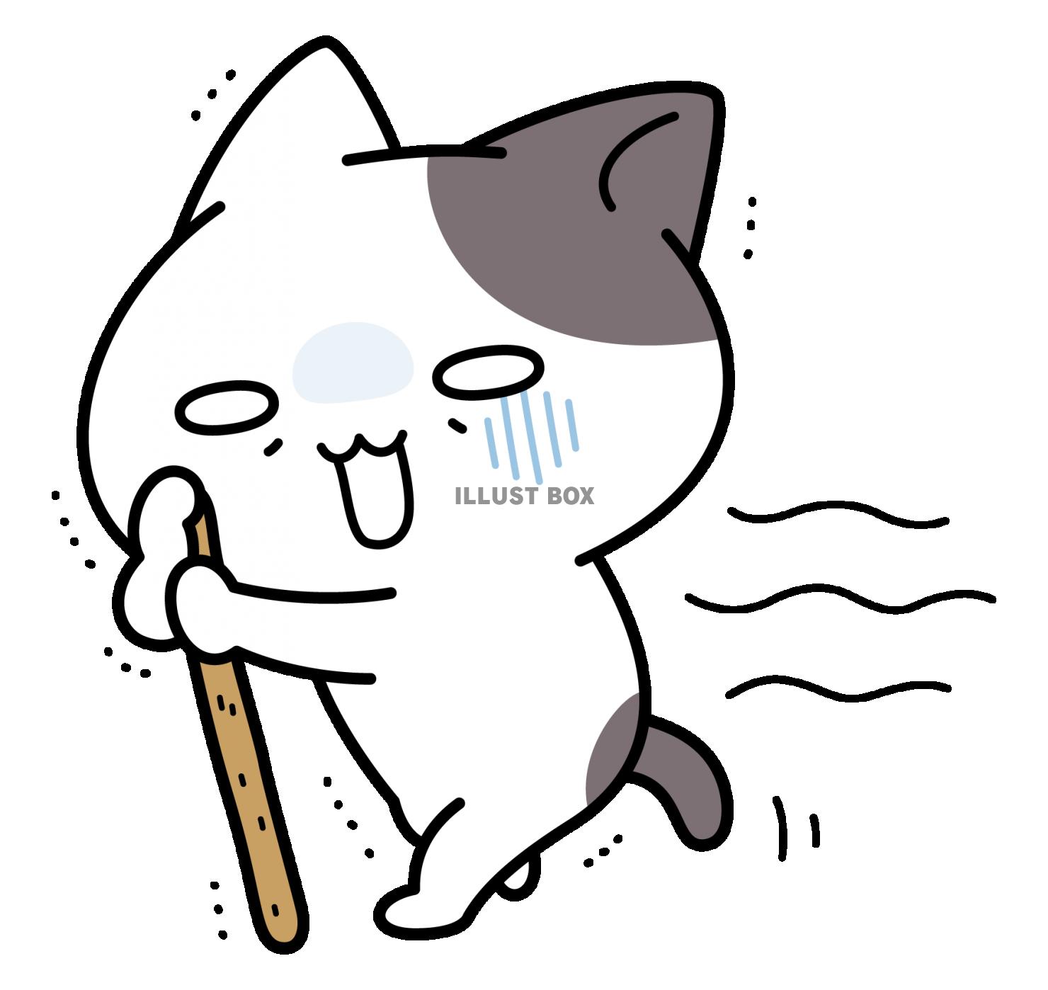 木の棒を杖にしてよろよろと歩いているにゃんこ