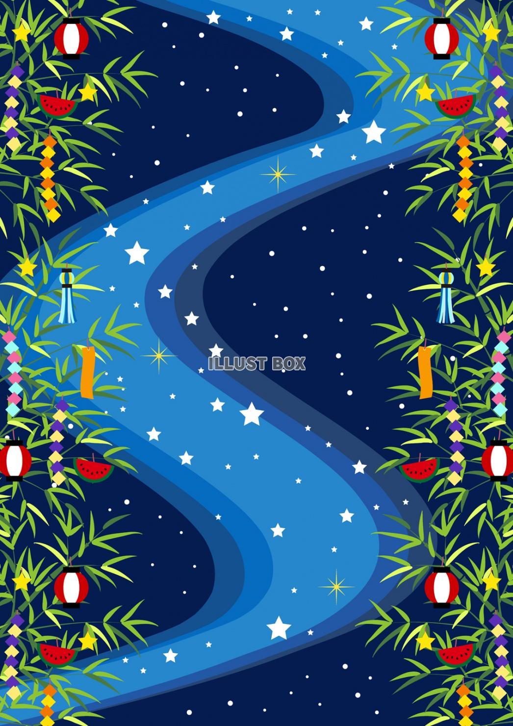 シンプル天の川に両端笹飾りの七夕背景タテ