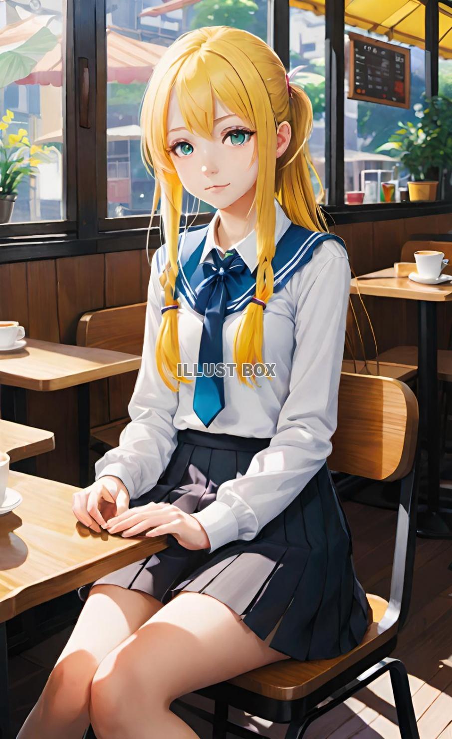 カフェの椅子に座る女子高生