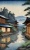 梅雨　雨の日の街　風景画