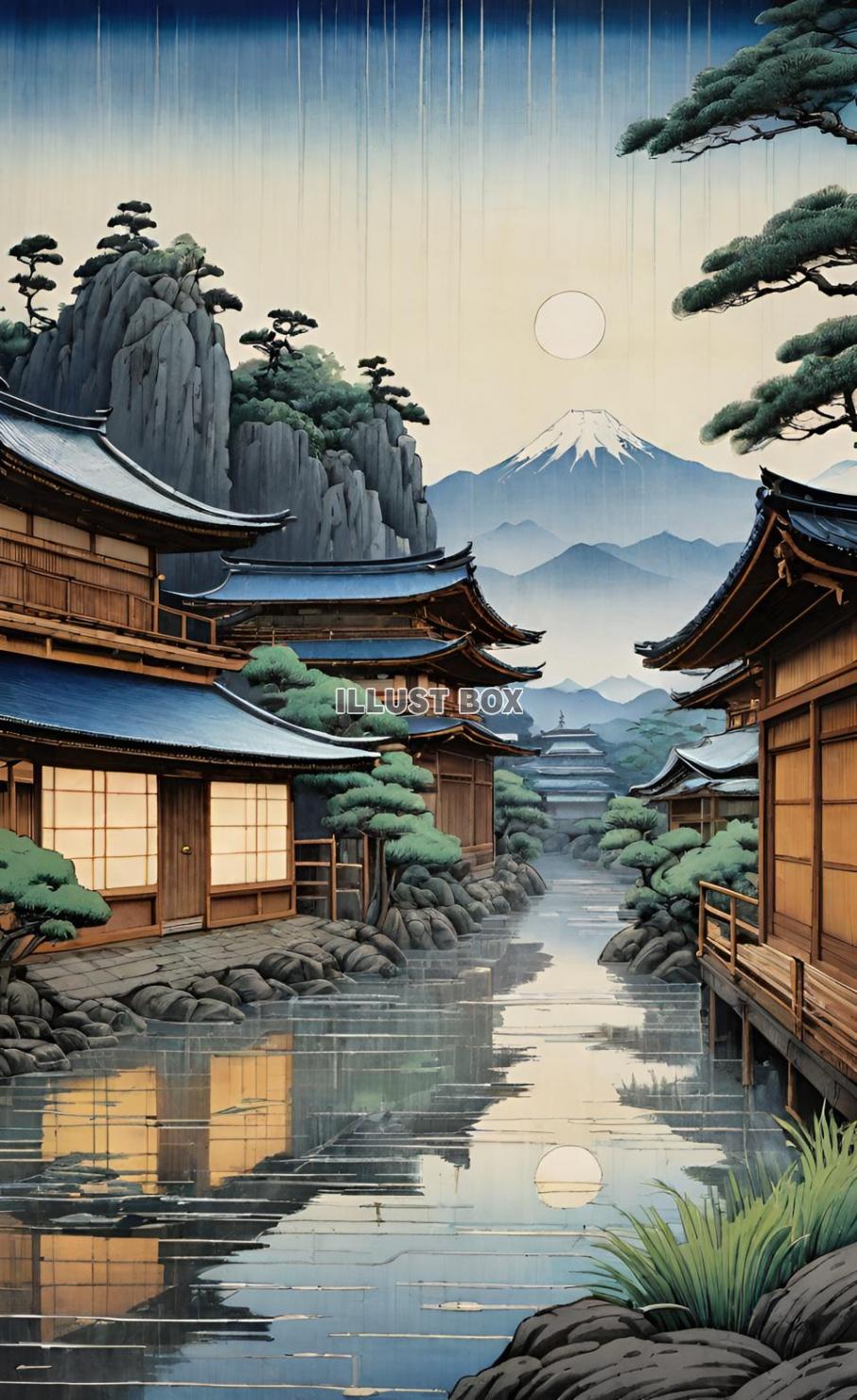 梅雨　雨の日の街　風景画