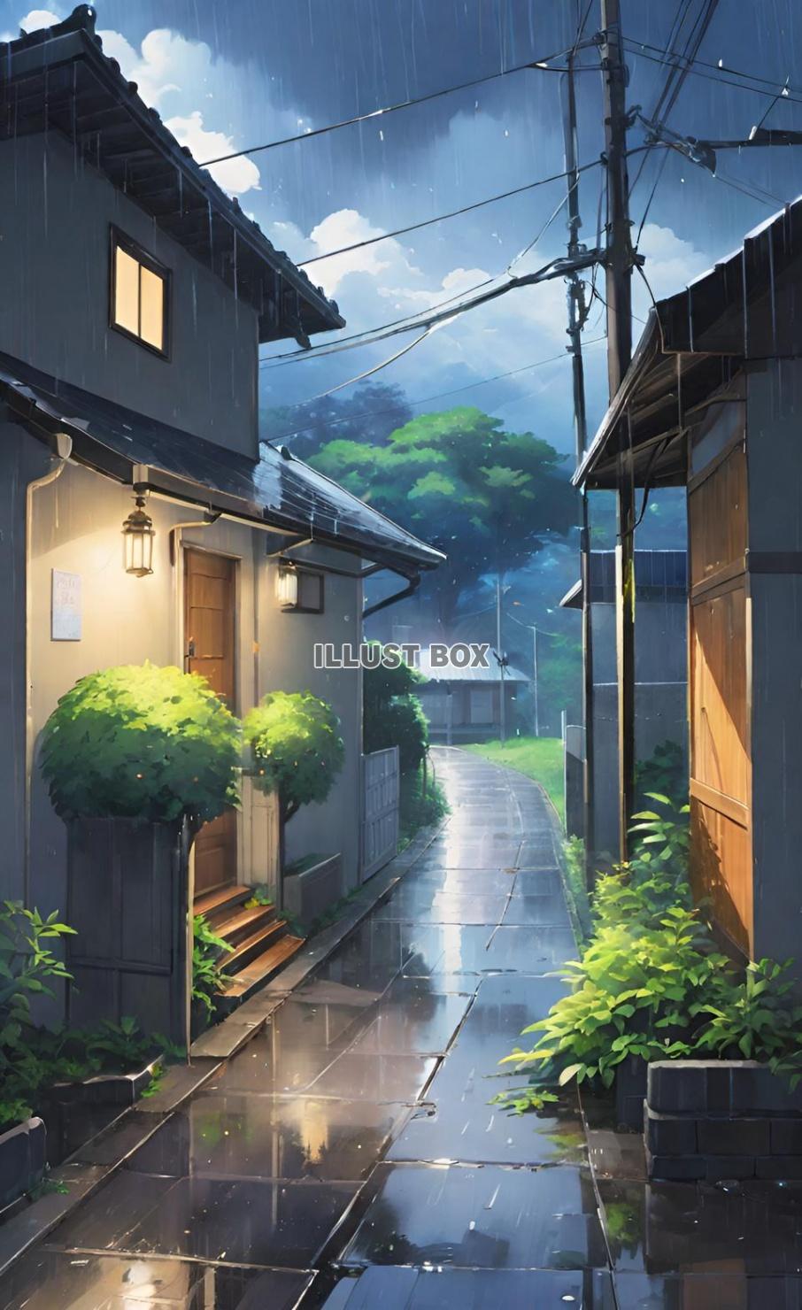 梅雨　雨の日の街　風景画