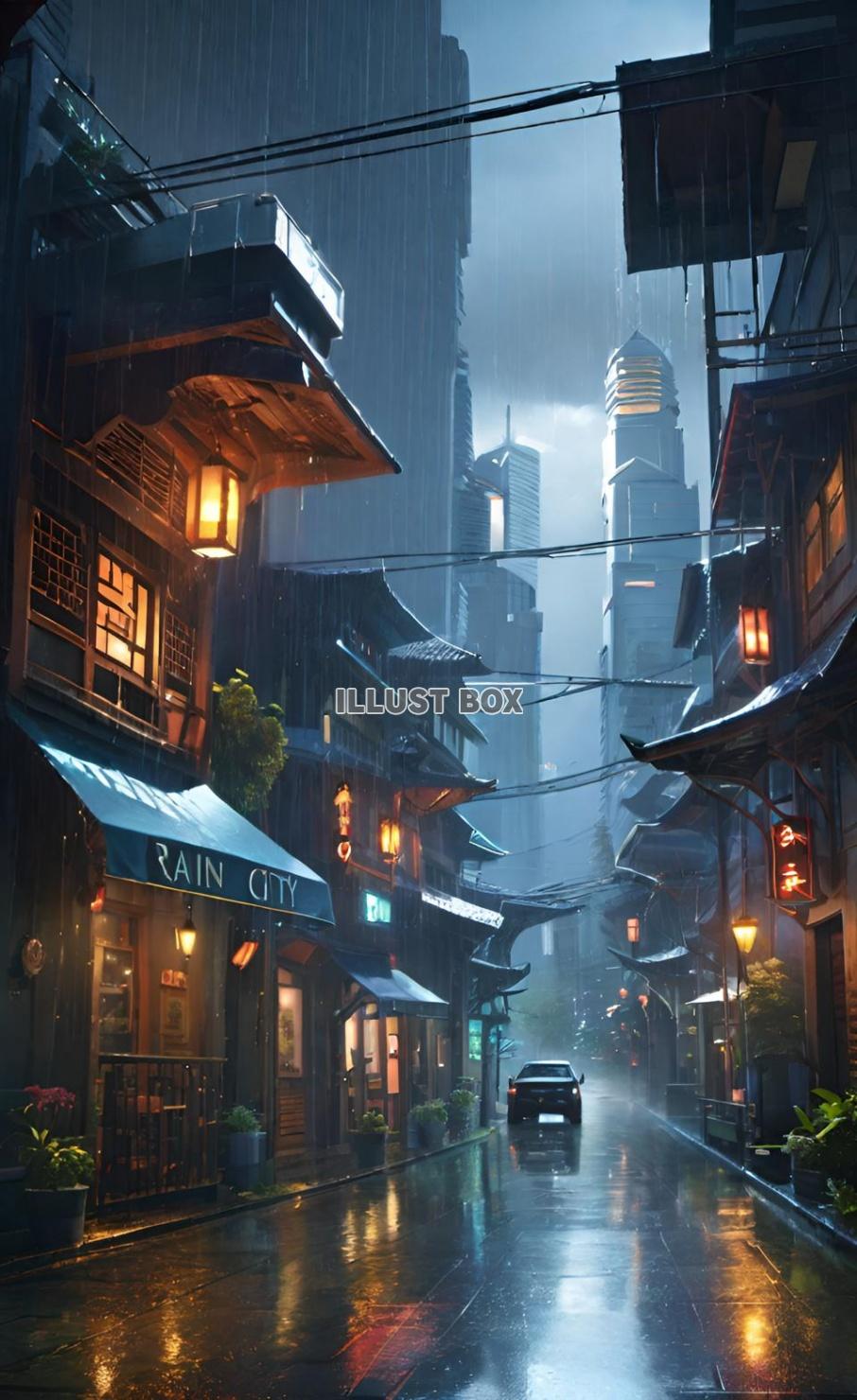 梅雨の日の街　風景画