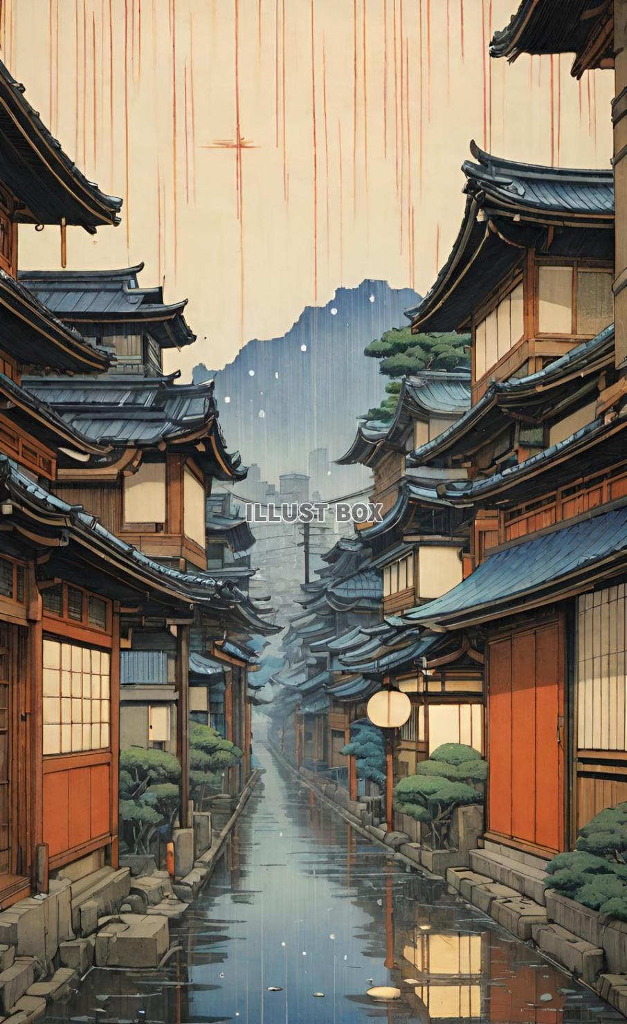 梅雨の日の街　浮世絵風の風景画　