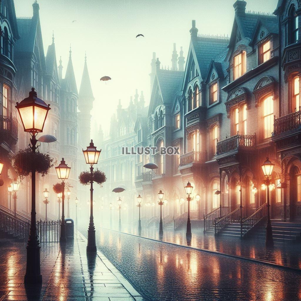 梅雨の日の街　幻想的な風景画