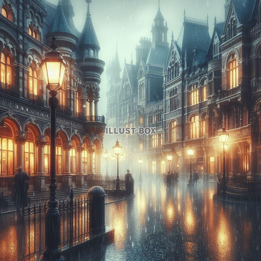 梅雨の日の街　幻想的な風景画