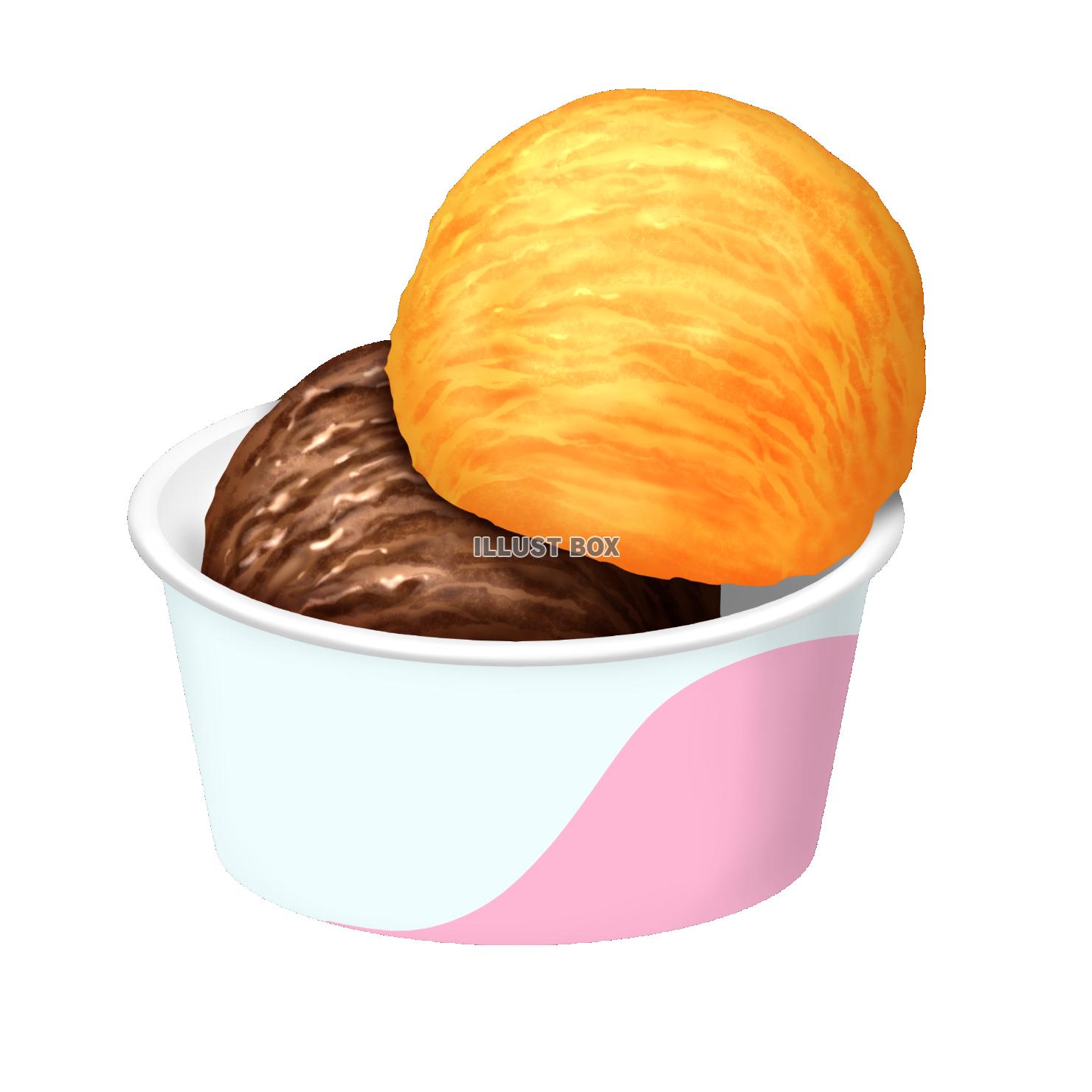 紙カップのアイスクリーム ダブル チョコレートとオレンジ