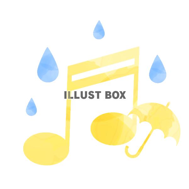 水彩風の音符と傘と雨　黄色