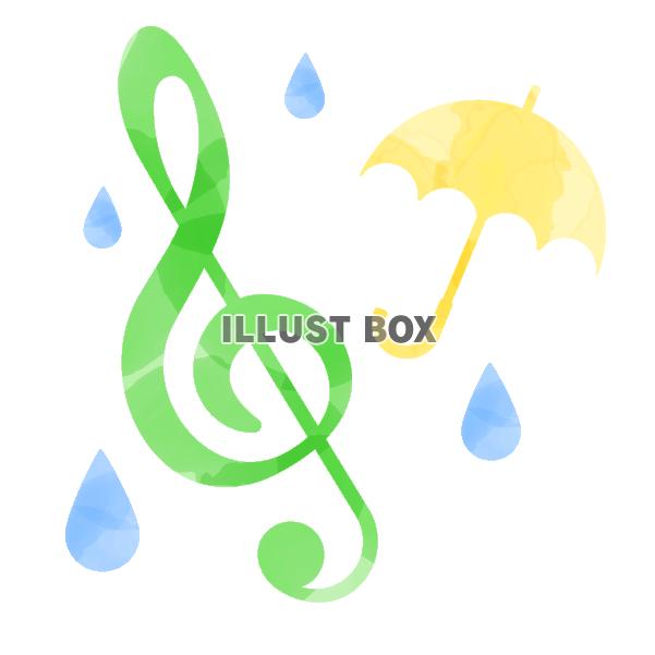 水彩風のト音記号と傘と雨　緑