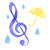 水彩風のト音記号と傘と雨　青