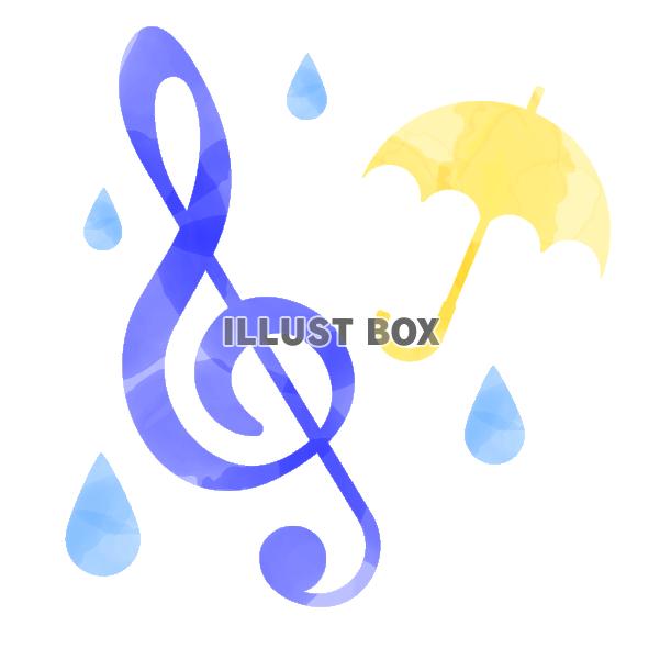 水彩風のト音記号と傘と雨　青