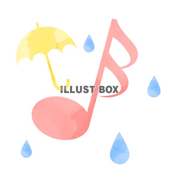 水彩風の音符と傘と雨　ピンク
