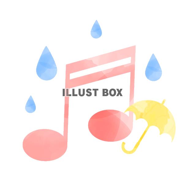 水彩風の音符と傘と雨　ピンク