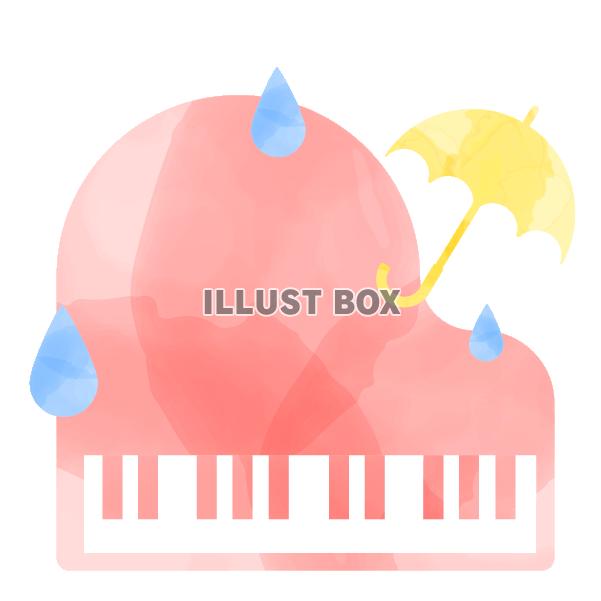 水彩風のピアノと傘と雨　ピンク