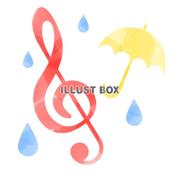 水彩風のト音記号と傘と雨　ピンク